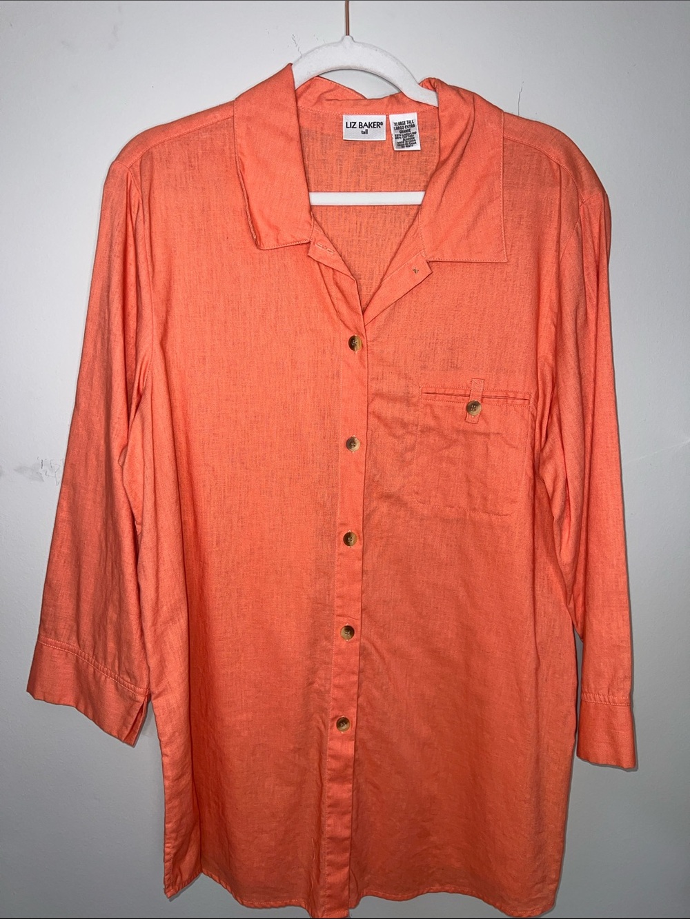 Vtg Liz Baker Linen Cotton Blend Coral Orange Long Sleeve Button Down Shirt